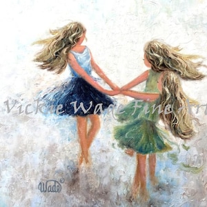 Three Sisters Dancing Art Print: Blonde Girls Twirling Holding Hands