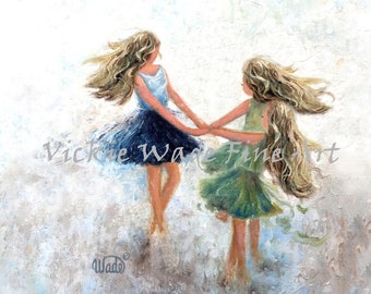 Three Sisters Dancing Art Print, three daughters, three girls, twirling in dresses holding hands, three blonde sisters, Vickie Wade Art