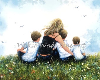 Mother and Three Sons Art Print: Blonde Mom Hugging