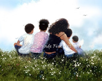 African American Mother Four Children Angel Baby Art Print two girls two boys, black mom, infant baby girl loss memorial, Vickie Wade Art