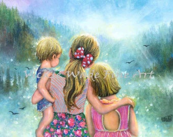 Three Sisters Art Print three girls, three blonde girls, redhead little sister, three daughters, sweet sisters of summer, Vickie Wade Art