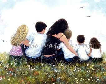 Mother Five Children Hugging Art Print, three sons two daughters, three boys two girls in meadow, loving mother, Vickie Wade Art