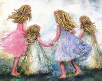 Four Sisters Art Print, four blond girls, four daughters, four blonde sisters, ring around the rosy pocket full of posies, Vickie Wade Art.