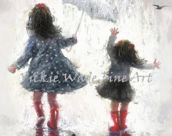 Sisters Art Print, two girls, two sisters, rain sisters, girls bedroom art, navy blue and red, girls room wall art, Vickie Wade art