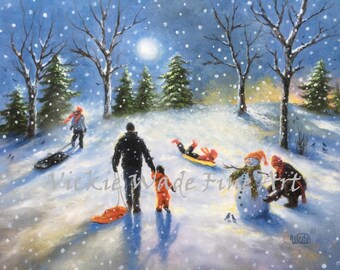 Family Snow Sledding Art Print, sledding children paintings, three children snow, playing in snow, snowman, three kids snow, Vickie Wade art