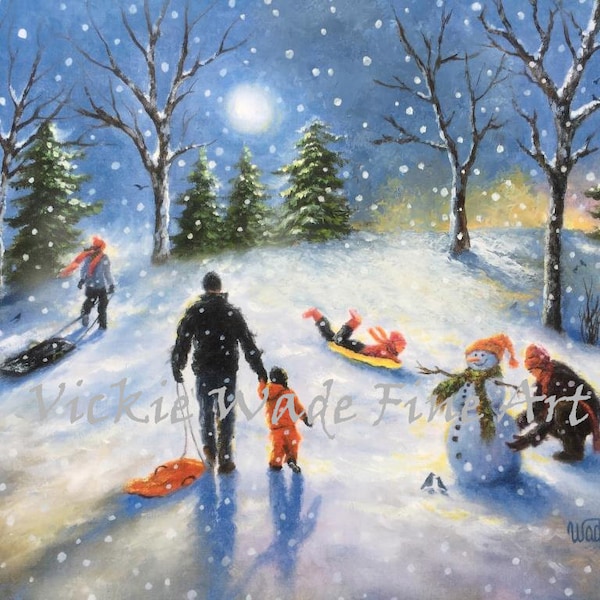 Family Snow Sledding Art Print, sledding children paintings, three children snow, playing in snow, snowman, three kids snow, Vickie Wade art