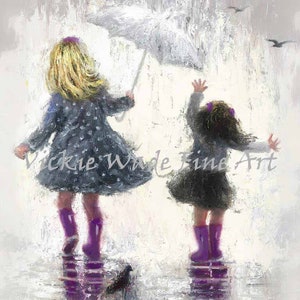 Sisters Art Print, zwei Mädchen, zwei Schwestern, Regen Schwestern, Mädchen Schlafzimmer Kunst, grau lila, Mutter Geschenk, Regen Mädchen, Wandkunst, Vickie Wade Kunst Bild 3