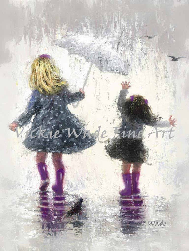 Sisters Art Print, two girls, two sisters, rain sisters, girls bedroom art, gray purple, mother gift, rain girls, wall art, Vickie Wade art image 3