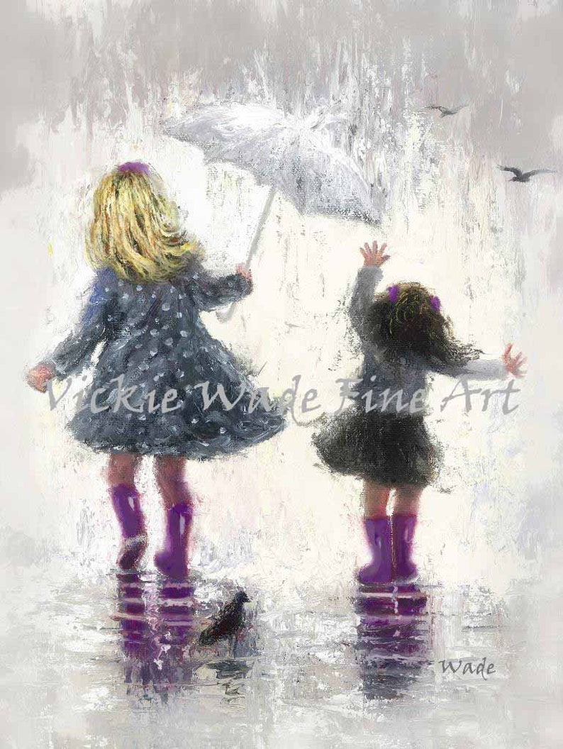 Sisters Art Print, zwei Mädchen, zwei Schwestern, Regen Schwestern, Mädchen Schlafzimmer Kunst, grau lila, Mutter Geschenk, Regen Mädchen, Wandkunst, Vickie Wade Kunst Bild 3