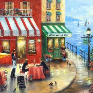 French Cafe Art Print, lovers in France, by the sea, french riviera, wall art, wall decor, bisto art, restaurant paintings, Vickie Wade art