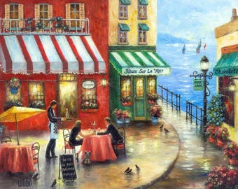 French Cafe Art Print, lovers in France, by the sea, french riviera, wall art, wall decor, bisto art, restaurant paintings, Vickie Wade art