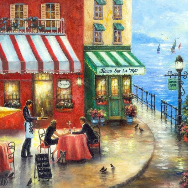 Français Cafe Art Print, amoureux en France, au bord de la mer, riviera français, art mural, décoration murale, art bisto, peintures de restaurant, art Vickie Wade