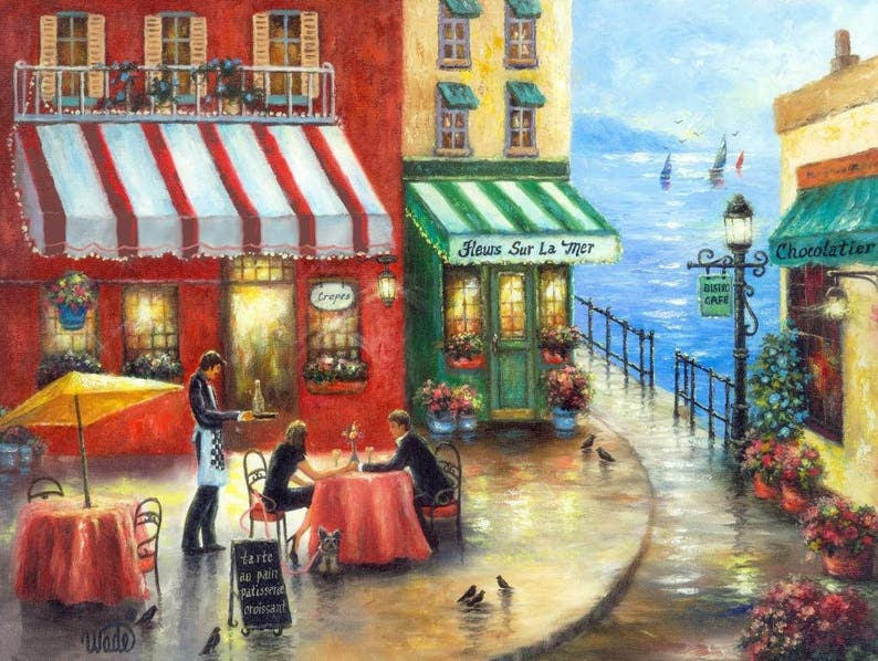 French Cafe Art Print, lovers in France, by the sea, french riviera, wall art, wall decor, bisto art, restaurant paintings, Vickie Wade art zdjęcie 1
