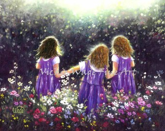 Three Sisters Art Print, three little girls, two redheads and one brunette, girls in flowers, two blondes and redhead, Vickie Wade Art