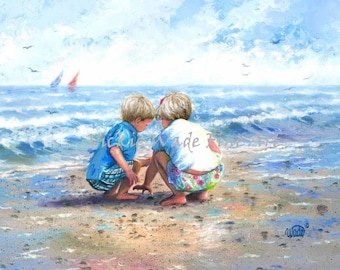 Lámina artística de conchas de playa: Hermano y hermana de Vickie Wade