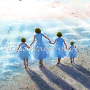 Four Beach Sisters Art Print, four girls holding hands, four daughters, walking towards sunbeams setting sun, heavenly art, Vickie Wade Art