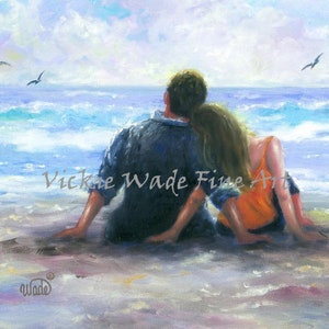 Beach Lovers Art Print: Romantic Couple Hugging, Vickie Wade Art