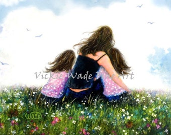 Mother and Two Daughters Hugging Art Print, twin girls, twin daughters, mom hugging daughters, mother's day gift, mum art,  Vickie Wade Art