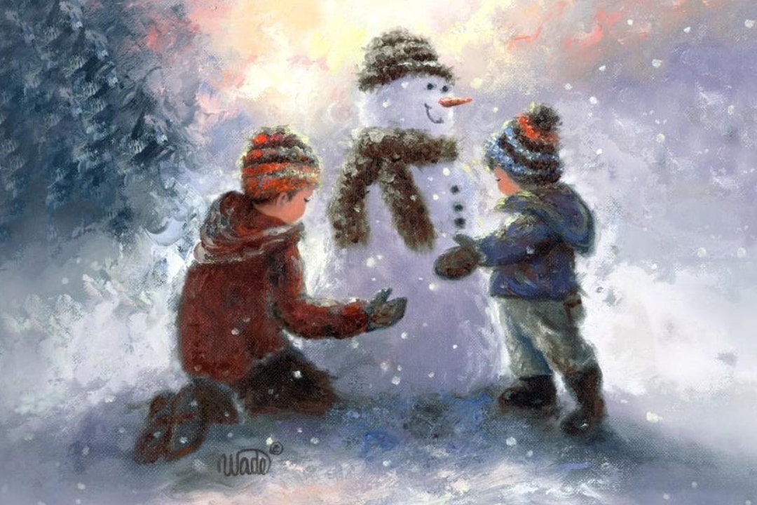 Snowman Two Boys Art Print Two Brothers Two Sons Making Snowman Building Snowman Snow Children Winter Snow Kids Vickie Wade Art Etsy