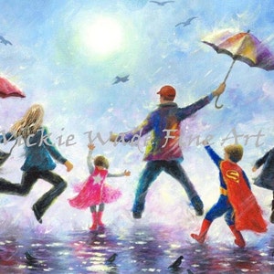 Three Children Art Print, happy family dad, mom, three superhero kids, singing in the rain, superhero paintings, 2 boys 1 girl, Vickie Wade image 3