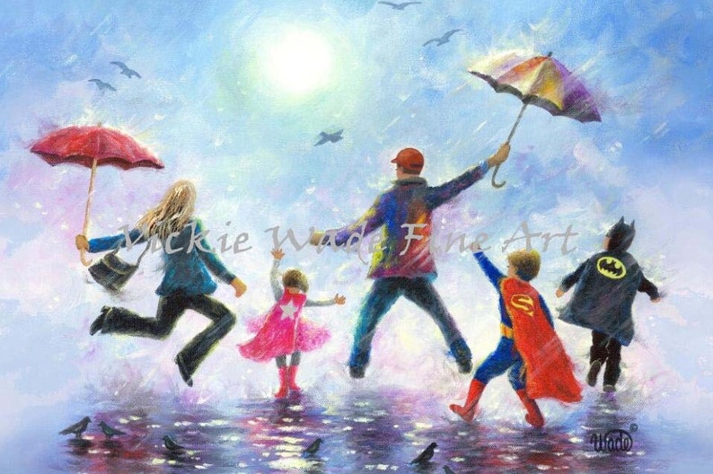 Three Children Art Print, happy family dad, mom, three superhero kids, singing in the rain, superhero paintings, 2 boys 1 girl, Vickie Wade image 3
