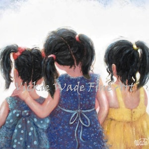 Three Sisters Art Print, three girls long black hair, three daughters wall art, sister paintings, India girls, gift for mom, Vickie Wade art