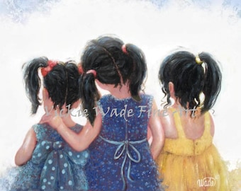 Three Sisters Art Print, three girls long black hair, three daughters wall art, sister paintings, India girls, gift for mom, Vickie Wade art