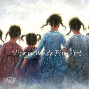 May include: Painting of five girls with pigtails walking away from the viewer. The girls are wearing dresses in shades of blue, purple, and pink. The background is a soft, white, and blue sky.