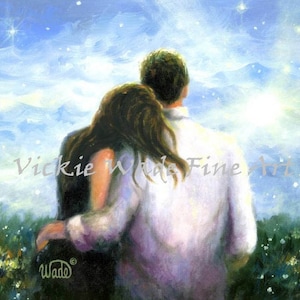 Loving Couple Art Print, lovers, romantic couple, couple in love, hugging, anniversary gift art paintings, wall art images, Vickie Wade