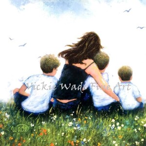 Mother and Three Sons Art Print, mom, three boys, blonde mother, mom hugging three sons, mother's day gift, mum art,  Vickie Wade Art