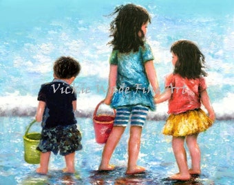 Three Children By the Sea Art Print, two sisters and brother, two girls and boy, aqua sea beach art, three beach children, Vickie Wade Art