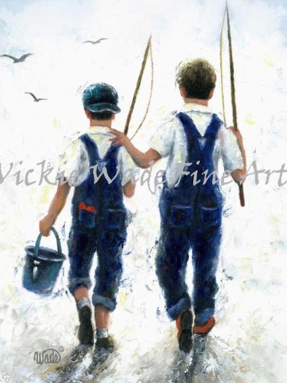 絵画2点　SULKY BOY and LEGS Brothers Fishing Art Print: Two Boys, Vickie Wade Painting - Etsy