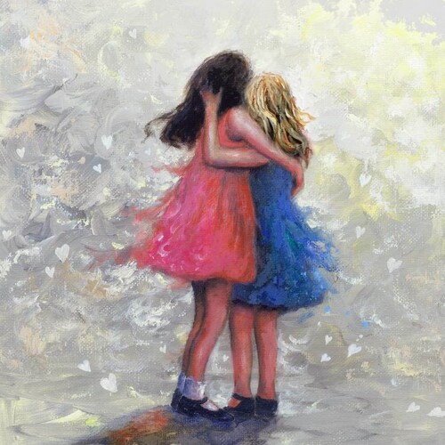 Sister Hugs Kunstdruck: Brünette und blonde Schwestern von Vickie Wade