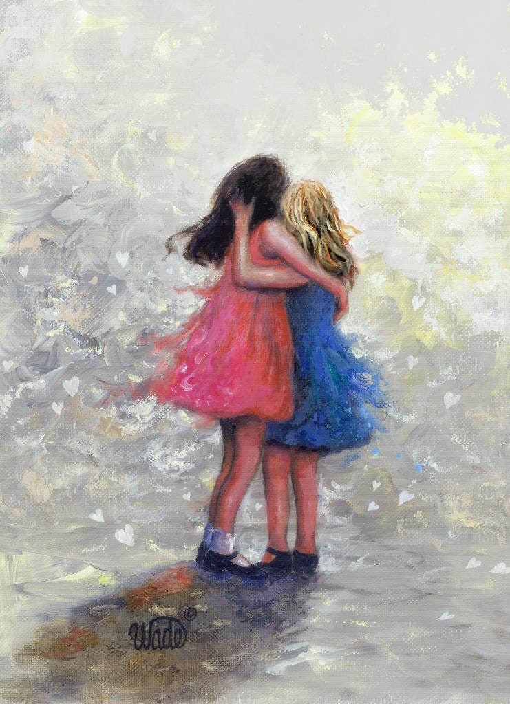Sister Hugs Art Print: Brunette and Blonde Sisters by Vickie Wade