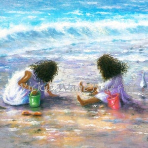 African American Two Beach Sisters Art Print, two beach girls, two black sisters playing on beach, two black daughters, Vickie Wade Art