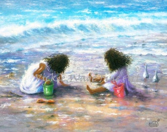 African American Two Beach Sisters Art Print, two beach girls, two black sisters playing on beach, two black daughters, Vickie Wade Art