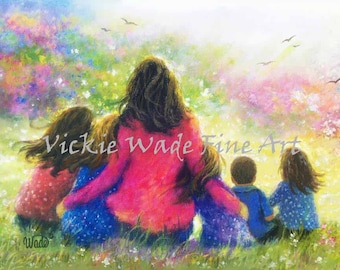 Mother Four Daughters and Son Art Print, four sisters and little brother, mother's day gift, four girls and boy, five kids, Vickie Wade Art