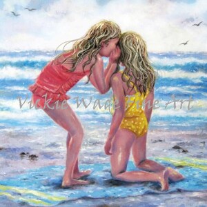 Beach Girls Art Print, two sisters beach, two girls beach, whispering, best friends, blonde girl friends, wall decor, ocean, Vickie Wade art image 2