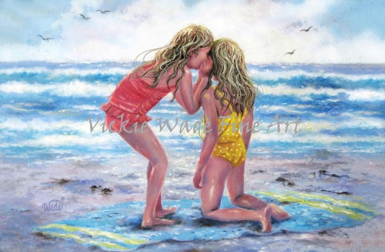Beach Girls Art Print, two sisters beach, two girls beach, whispering, best friends, blonde girl friends, wall decor, ocean, Vickie Wade art image 2