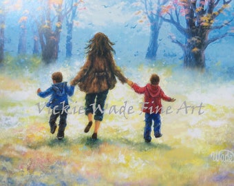 Moeder twee jongens Art Print, twee zonen, twee broers, moeder, kunst aan de muur, moeder schilderijen, moederdagcadeau, kunst, broer schilderijen, Vickie Wade