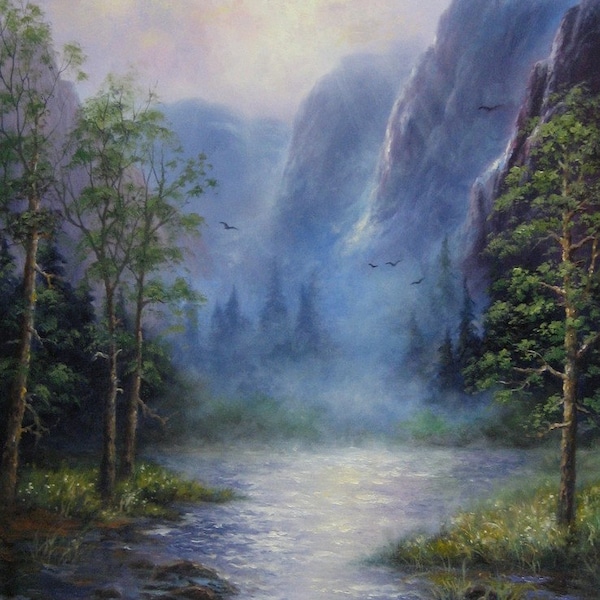 Mountains 18X36 XL Original Oil Painting  Vickie Wade art, paintings, prints, mountains, lake, forest, landscape