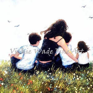 Mother Hugging Three Children Art Print, mom two sons and little daughter, two boys and girl art, mother painting, art, Vickie Wade Art