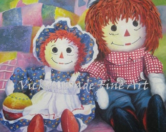 Raggedy Ann ORIGINAL Painting 11X14, children's wall art, red, blue, kids room, raggedy ann and andy, bedroom kids art, Vickie Wade Art