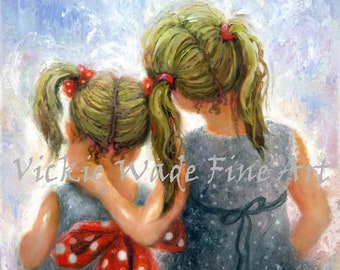 Two Sisters Art Print, two girls, loving sisters, two daughters, big sister hugging little sister, blondes, pigtails, Vickie Wade art