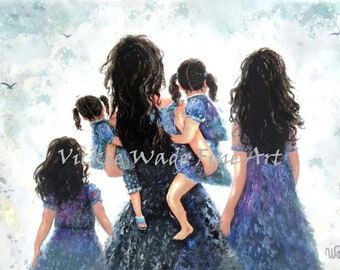 Mother Four Daughters Art Print, four sisters, four girls, mother carrying daughters, four brunette sisters, mom, mum, Vickie Wade Art