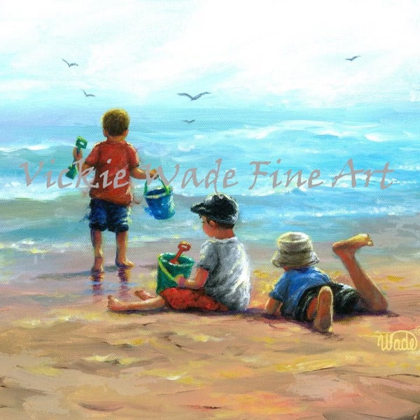 Three Beach Boys Art Print, beach paintings, boys, beach, three brothers, three boys, my three sons, beach children, sea, Vickie Wade art