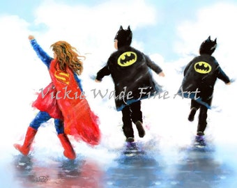 Redhead Super Hero Girl and Two Boys Art Print, sister and two brothers, three super hero kids, three super hero children, Vickie Wade Art