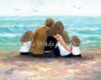 Beach Family Three Daughters Art Print, three sisters, three girls, brunette family, sitting at beach watching ocean waves, Vickie Wade Art