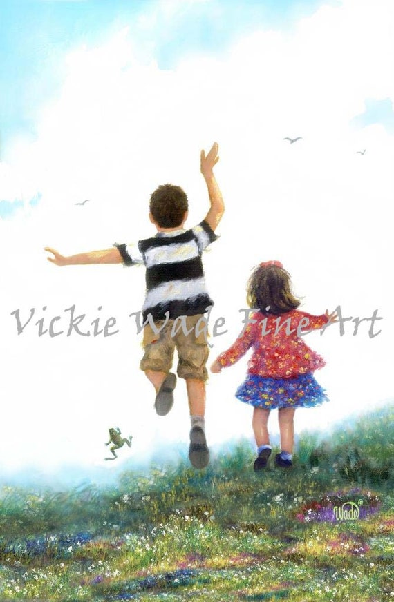Brother and Sister Art Print: Children Leaping in Meadow - Etsy