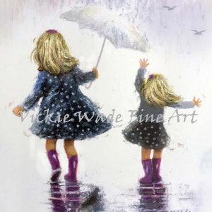 Sisters Art Print, zwei Mädchen, zwei Schwestern, Regen Schwestern, Mädchen Schlafzimmer Kunst, grau lila, Mutter Geschenk, Regen Mädchen, Wandkunst, Vickie Wade Kunst Bild 4